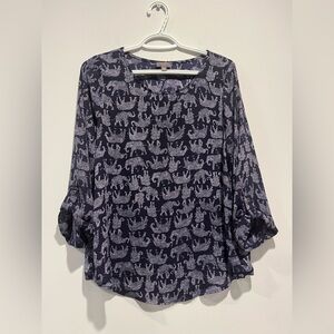 Mix by 41 Hawthorne blouse top M Womens Navy Blue white Elephant Print Women's